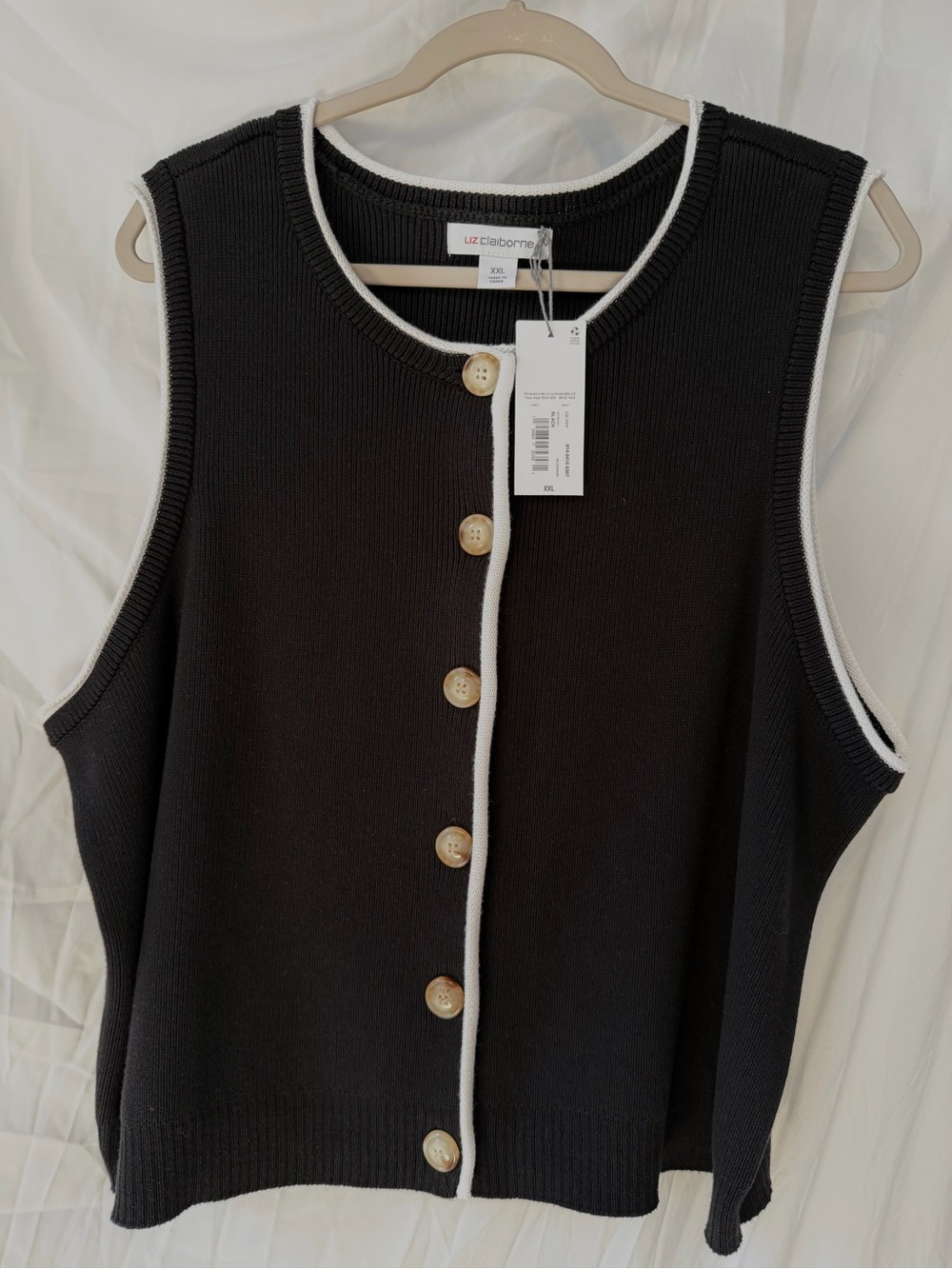 Liz Claiborne Black Knit Sleeveless Button Vest with White Trim